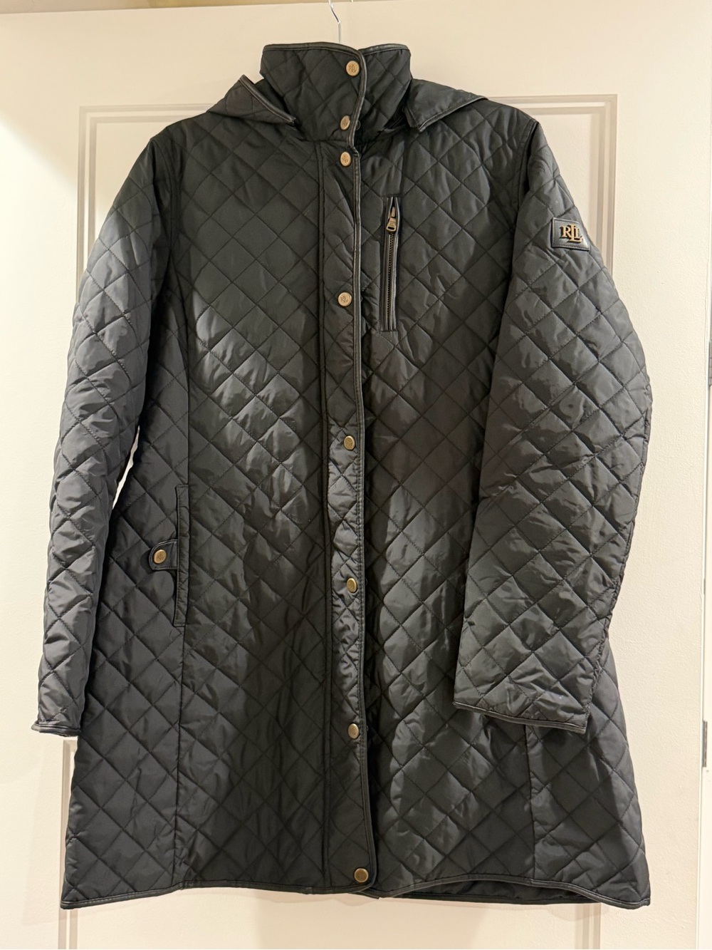 Lauren Ralph Lauren L Black Quilted Long Hooded Coat Equestrian Lining